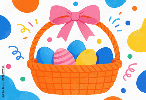 colorful easter basket filled with painted eggs and ribbon amidst festive decorations