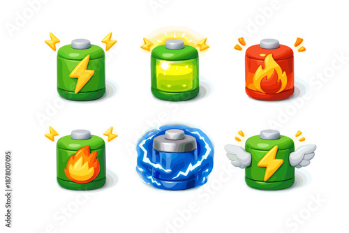 Collection of stylized battery icons representing different power levels and states