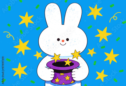 cute cartoon rabbit performing magic trick with stars and hat on blue background