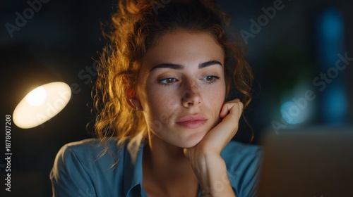 Wallpaper Mural A thoughtful young woman working on her laptop in a dim setting, illuminated by a warm lamp. She is deep in concentration, with a slightly contemplative expression Torontodigital.ca