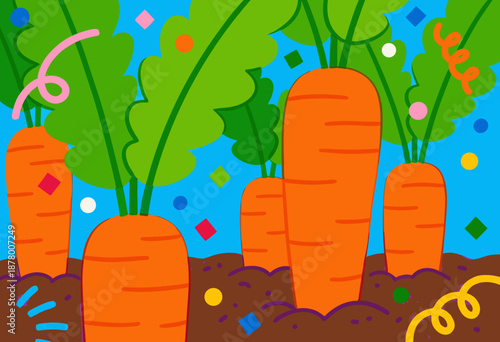 vibrant cartoon carrots growing in garden with confetti and blue sky celebrating harvest