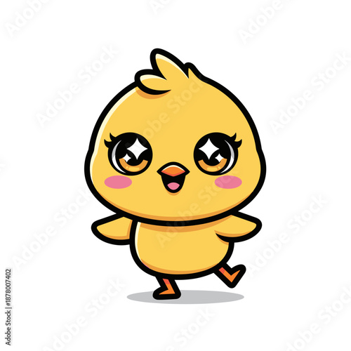 Adorable cartoon chick character with big sparkling eyes and rosy cheeks walking happily with a cheerful
