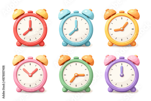 Collection of six colorful cartoon alarm clocks showing different times
