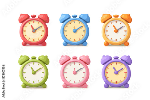 Collection of six colorful cartoon alarm clocks arranged in two rows