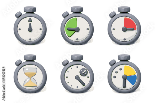 Collection of six clay-style stopwatch icons representing different time measurements and concepts