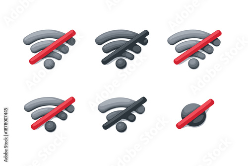 Collection of no Wi-Fi signal icons with red and black prohibition signs