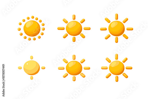 Collection of stylized sun icons with varying ray designs and brightness levels