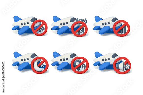 Airplane with various prohibition signs indicating restrictions during flight