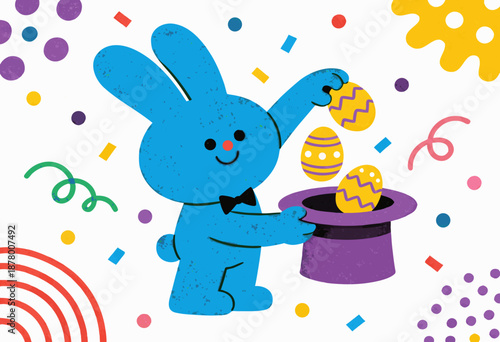 cute blue bunny performing magic trick with colorful easter eggs in festive background