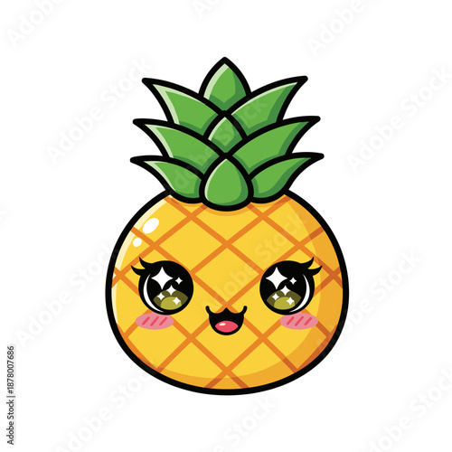 Cute kawaii pineapple character with big sparkling eyes and rosy cheeks smiling happily isolated on white