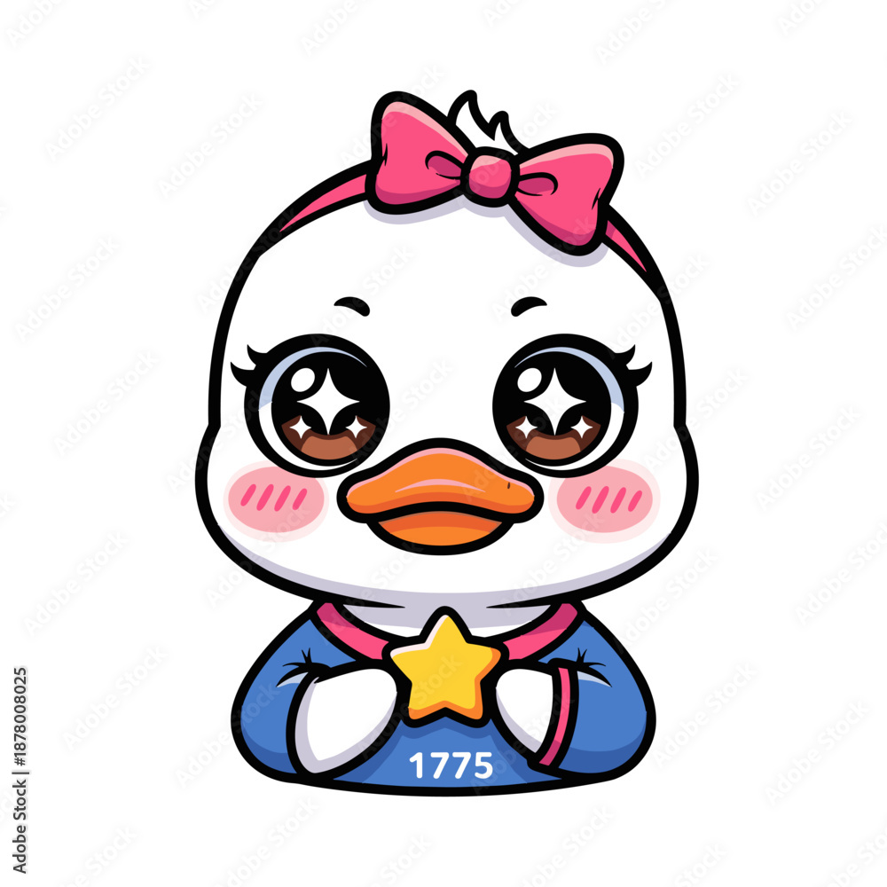 Obraz premium Cute cartoon baby duckling wearing a pink bow and blue dress with a yellow star badge isolated on white