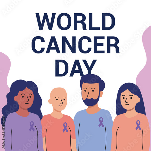 World Cancer Day Illustration: Diverse Group Wearing Awareness Ribbons