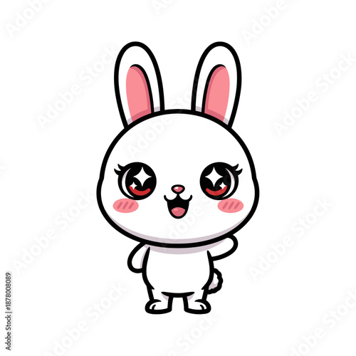 Cute kawaii white bunny rabbit character waving hello with big sparkling eyes and pink cheeks adorable
