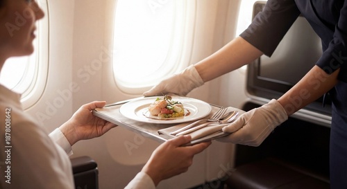 Business class airplane food service elegant meal presentation tray passanger fly business concept