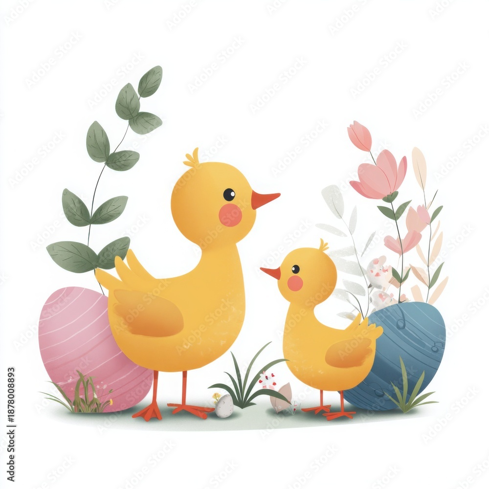 Fototapeta premium Cute duck family with easter eggs and flowers creating a cheerful spring illustration in bright pastel colors