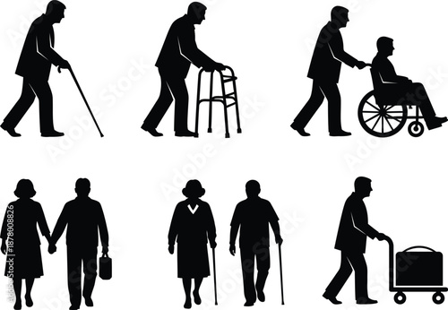 Silhouettes of people with disabilities isolated on transparent background