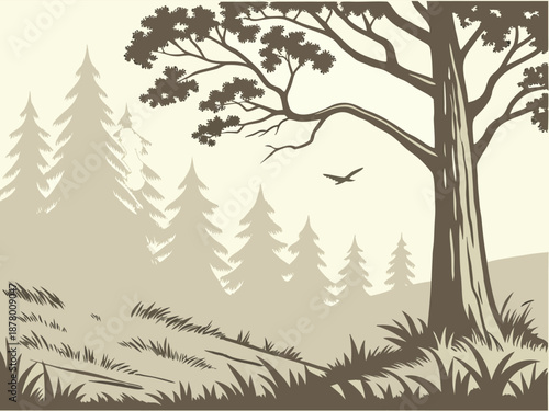 Stylized silhouette illustration of a large foreground tree beside a dense forest with tall pine trees and a solitary bird flying