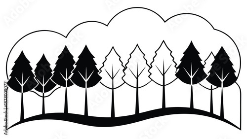Stylized black and white silhouette illustration depicting a diverse forest line featuring both evergreen and deciduous trees with distinct shapes.