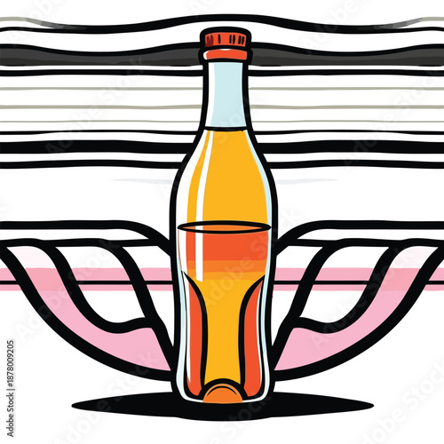 Stylized illustration of an amber-colored beverage bottle with a brightly colored, abstract graphic background design