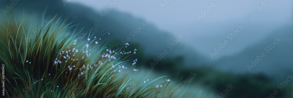 Fototapeta premium Field of grass with a few flowers in it