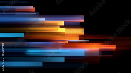 Abstract streaks of colorful light bars over black background representing digital transformation process, data flow, speed, integration and technological shift.