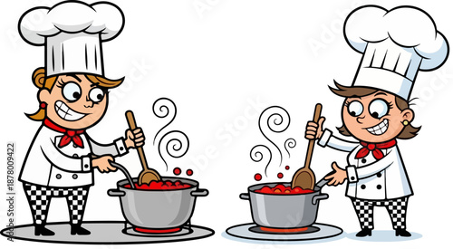 Two cheerful cartoon female chefs wearing traditional white toques are busy stirring large pots of steaming red tomato sauce on cooking burners side by side.