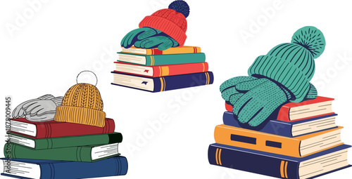 Three colorful stacks of classic literature topped with cozy knitted winter hats and matching woolen gloves symbolizing cold weather reading enjoyment and education
