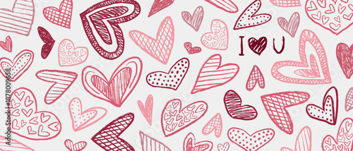 Hand drawn Valentines day hearts background in pink and burgundy colors. Vector sketch illustration in vintage crayon charcoal style