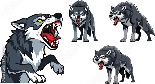 Collection of aggressive gray wolf characters illustrated in various snarling and howling poses perfect for mascot design or wild animal themes