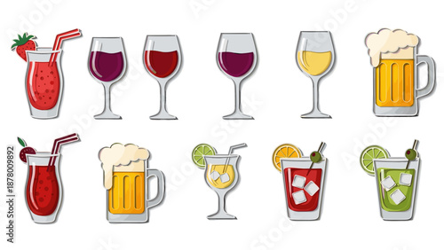 Collection of various alcoholic and nonalcoholic beverages in glasses and mugs