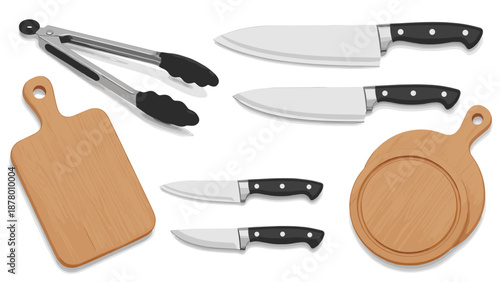Collection of kitchen utensils knives, tongs, and wooden cutting boards