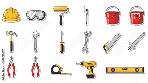Collection of hand tools and construction equipment icons in sketch style