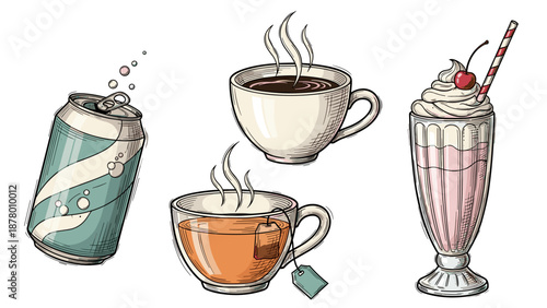 Collection of hot and cold beverages soda can, tea cups, and milkshake