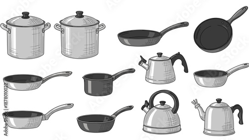 Collection of cooking pots, pans, and kettles in sketch style