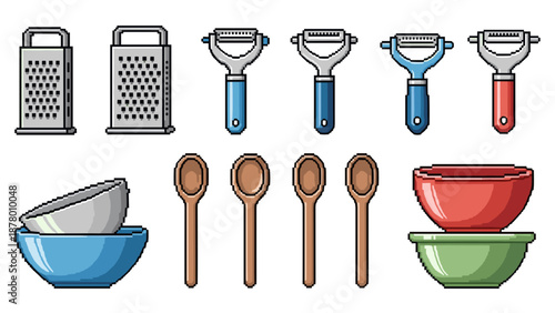 Set of kitchen utensils graters, peelers, spoons, and bowls for cooking and food preparation
