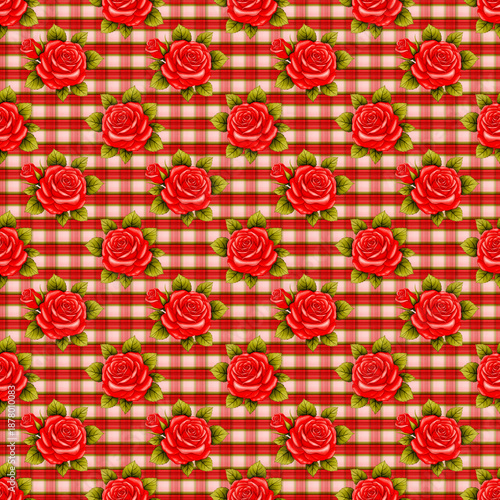 Seamless floral pattern with large red roses and green foliage on a traditional red, pink, and green plaid background. Vintage design, ideal for textile printing, wallpaper, and romantic themes.
