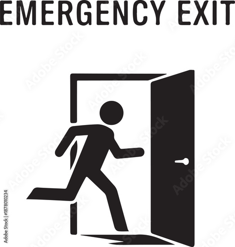 Emergency exit sign with person running out of open door quickly and safely