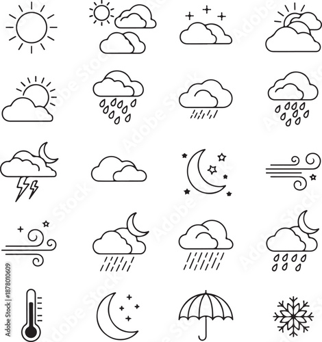 Weather icons collection featuring various conditions like rain and sunshine in simple design