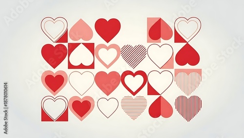 A diverse collection of geometric hearts in shades of red and pink