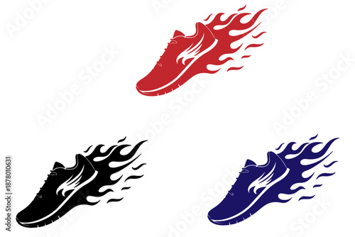 Flaming sneaker vector SVG speed shoe clipart in black, blue, and red, dynamic running footwear illustration, motion concept, sports energy, and racing performance design