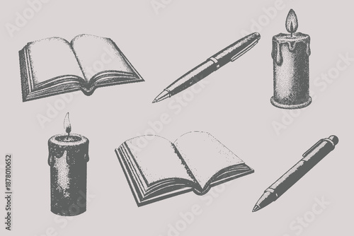 Vintage book, pen, candle vector illustration. Retro grunge style element for creative design. Eps 10