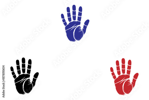 Handprint gesture silhouette vector art in black, blue, and red line drawing style, minimal illustration representing identity, touch, stop symbol, and human interaction concept
