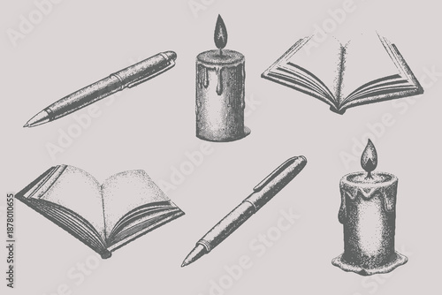 book, pen, candle in Halftone stipple style. Retro books and literature quills vector sketch vector illustration. Eps 10