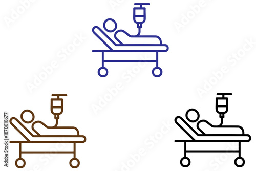 Patient lying on hospital bed with IV drip, simple black, blue, and coffee colored line art illustration, medical care concept, healthcare treatment, recovery, minimal vector design