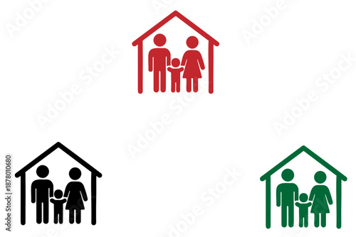 Red, Black, and Green Family in House Vector Icons Set
