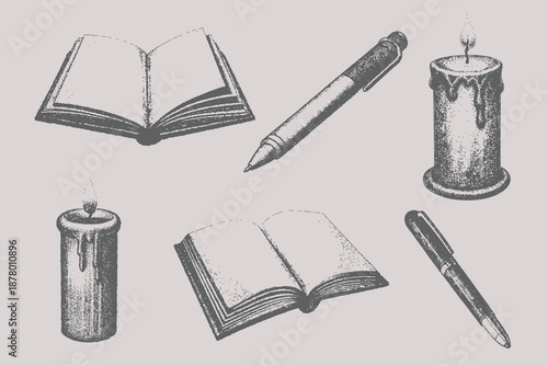 Retro grunge book, pen, candle vector illustration. Trendy y2k grunge grain texture. Eps 10