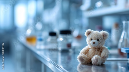 Teddy bear on a laboratory bench with culture dish and reagent bottle, symbolizing blastocyst culture and embryo development research.