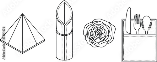 Outline illustration set of 4 napkin folding styles pyramid fold bishop hat fold rose fold and silverware pouch