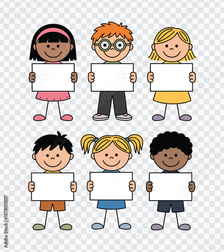 Diverse Cartoon Kids Holding Blank Signs