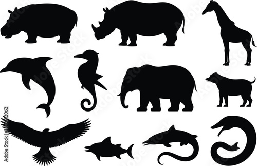 Wildlife silhouettes collection on white background